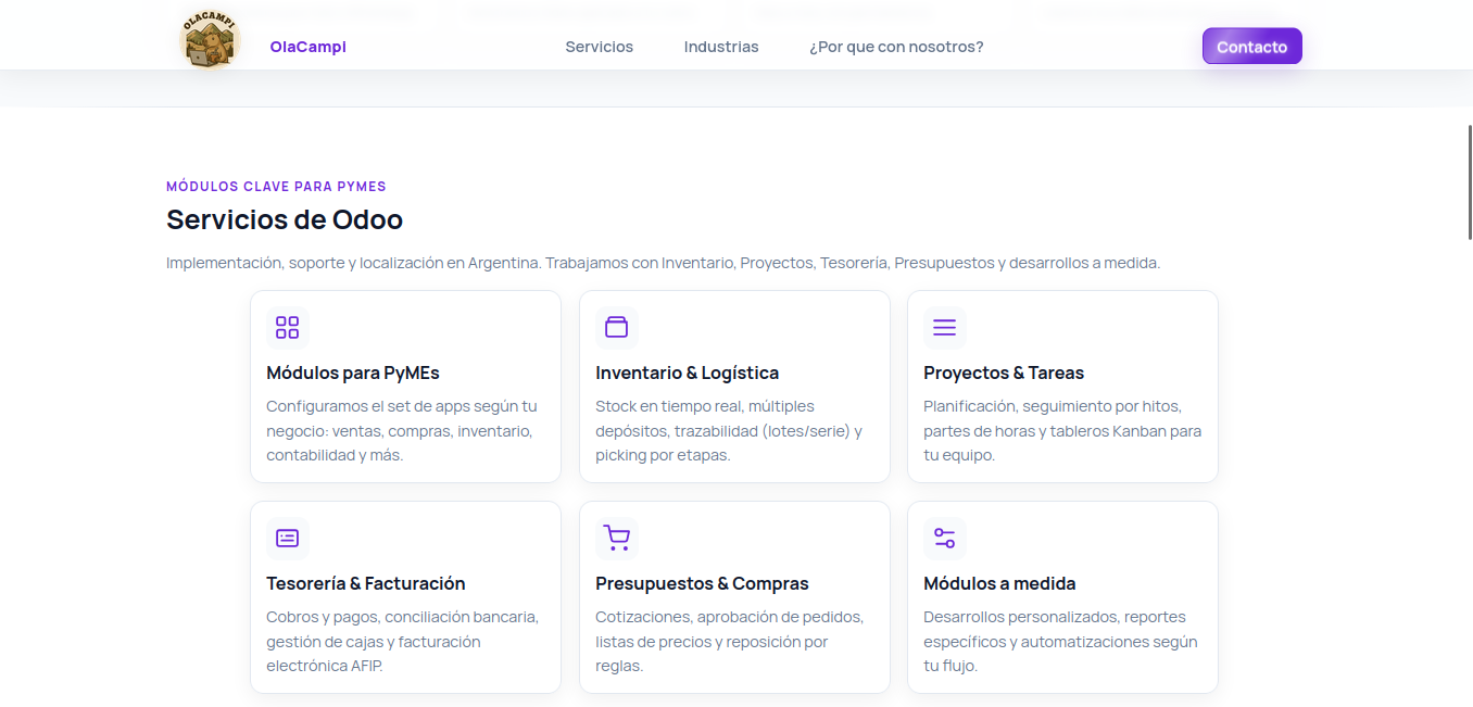 Captura del sitio OlaCampi — landing de servicios Odoo